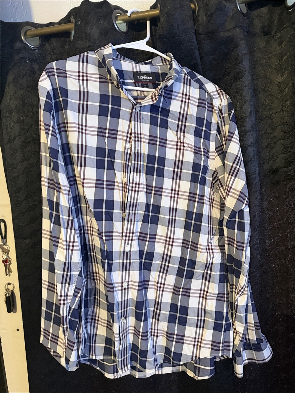 Express Men’s Navy and White Plaid Button-Down Shirt